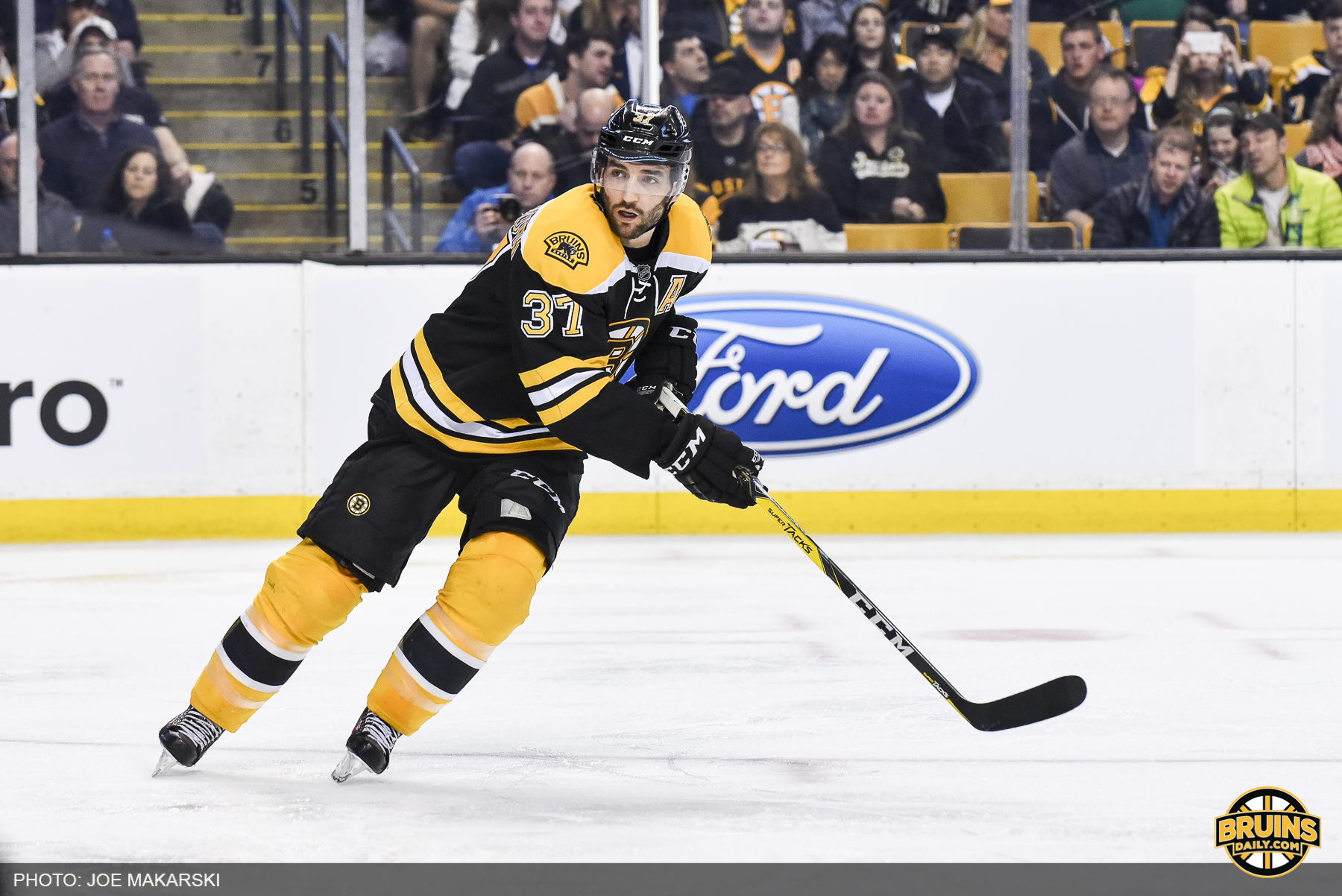 Patrice Bergeron is on the top of the card in the first ever 'NHL Wrestlemania'. (Photo by Joe Makarski, Bruins Daily)