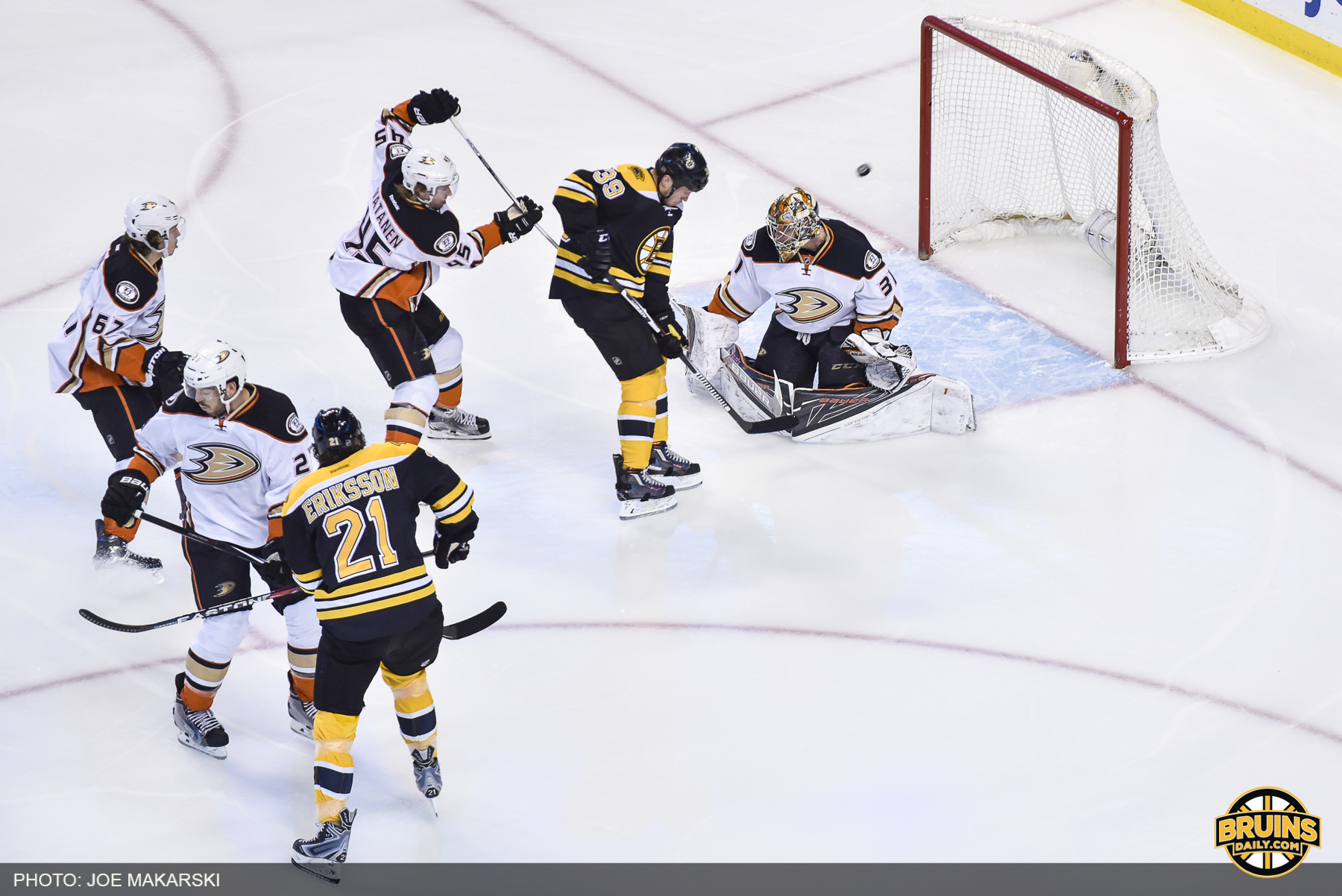 Sami Vatanen (seen defending Matt Beleskey in this image) is an interesting name on the NHL Trade Deadline rumor mill. (Photo by Joe Makarski, Bruins Daily)