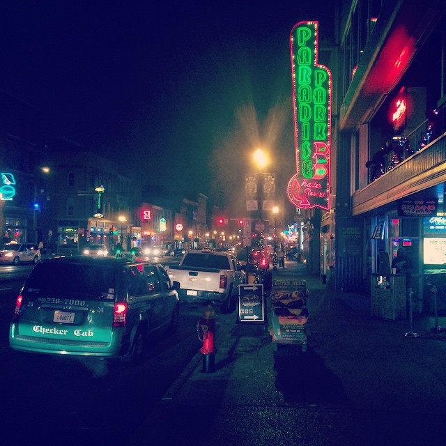 Right outside the arena is a strip of bars and honky tonks playing country music at Nashville's version of Broadway. (Photo by Tim Rosenthal, Bruins Daily)