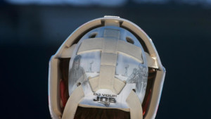 (Foxborough, MA, 12/31/15) Canadiens goaltender Mike Condon with a Patriots drawing on his helmet practicing at Gillette Stadium. Thursday, December 31, 2015. Staff photo by John Wilcox.