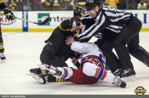 (Photo credit: Joe Makarski/Bruins Daily) Nathan Horton takes down Capitals forward Matt Hendricks after a fight during the Bruins 4-1 win over the Capitals Saturday